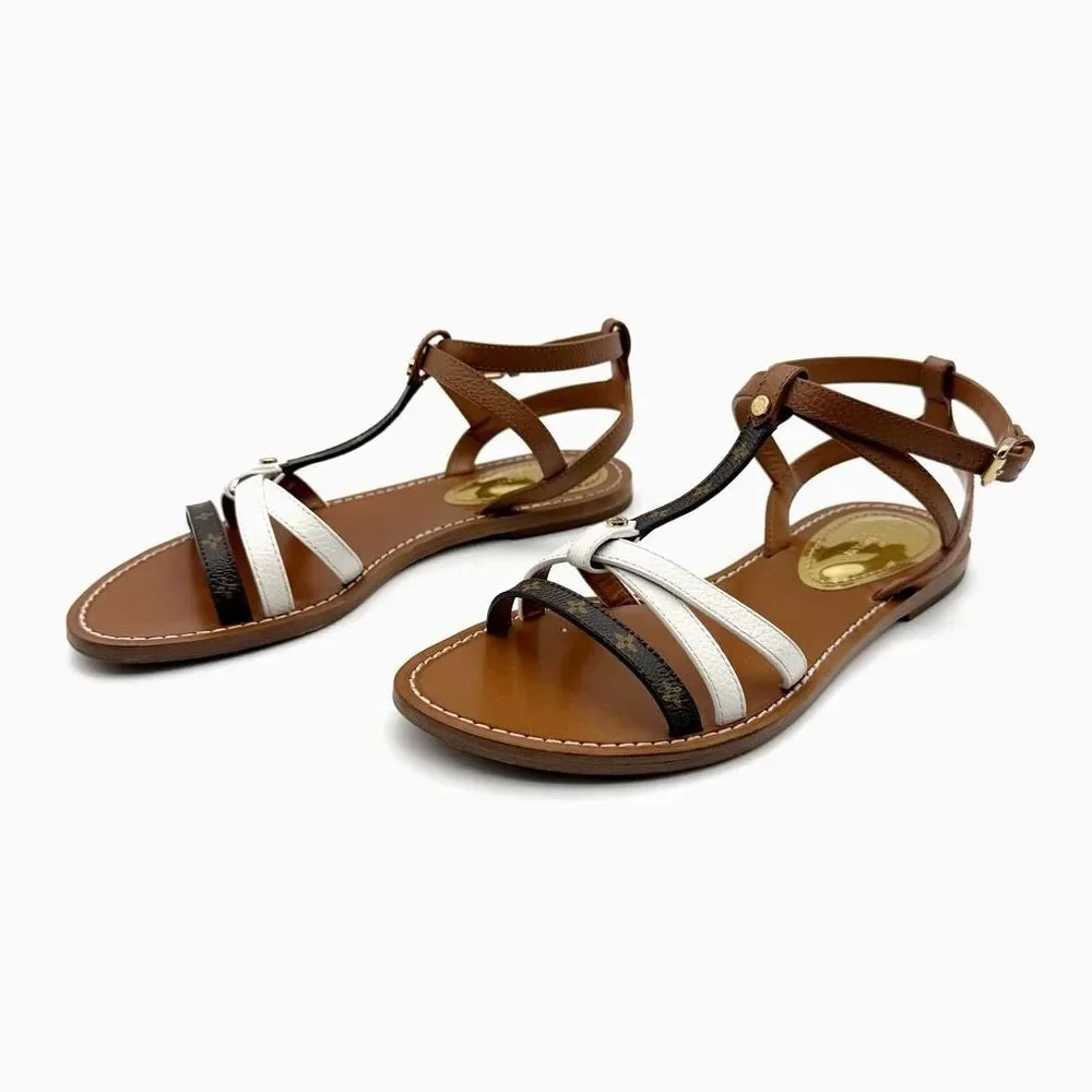 LOUIS VUITTON Explorer Flat Sandal Size 37 Cognac Brown White Monogram Flower